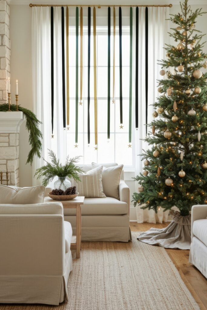 Cozy, Modern Magic for Your christmas living room 14 A warm living room with a simple tree decorated in gold ornaments, a stone fireplace, and ribbon streamers hanging in front of the window for a festive touch.
