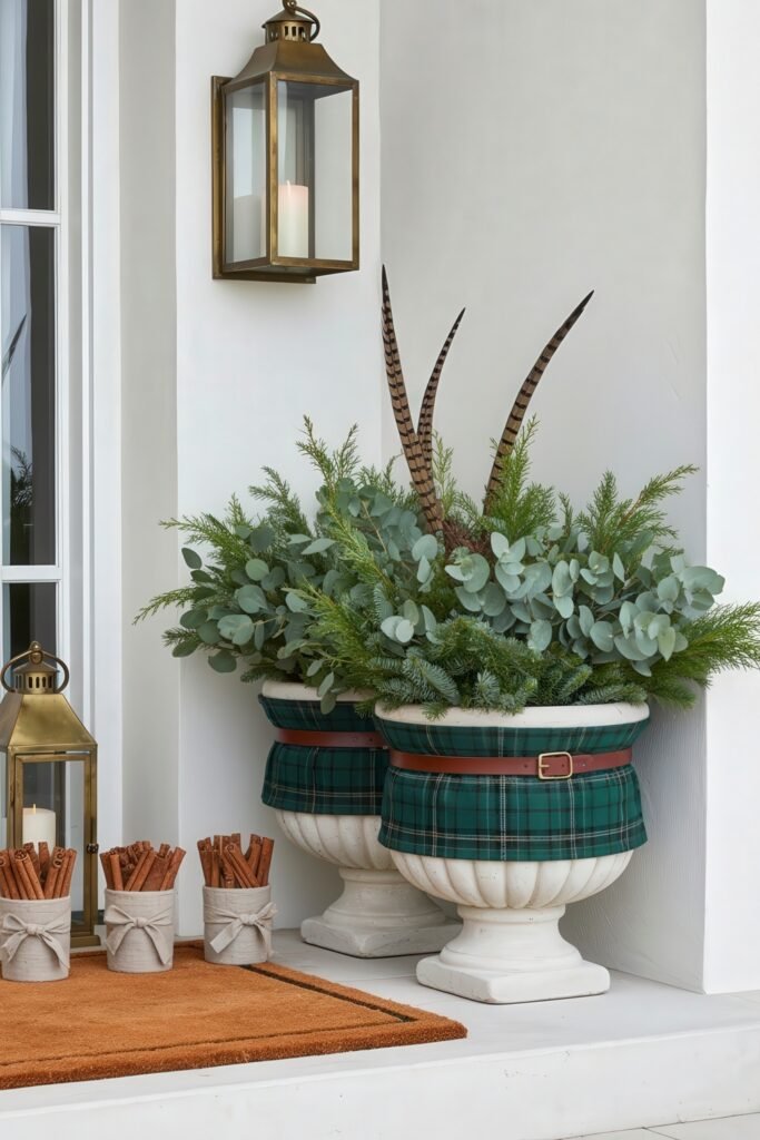 Cozy Entry Magic for christmas porch décor 12 Elegant planters wrapped in green plaid fabric and belts, filled with evergreens, eucalyptus, and pheasant feathers, styled beside gold lanterns and bundles of cinnamon sticks.