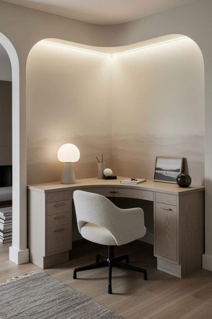 Closet Office (Cloffice) Ideas For A Chic, Calm Workspace 12 Corner desk nook with curved walls, wood cabinetry, and a cozy swivel chair under soft accent lighting.