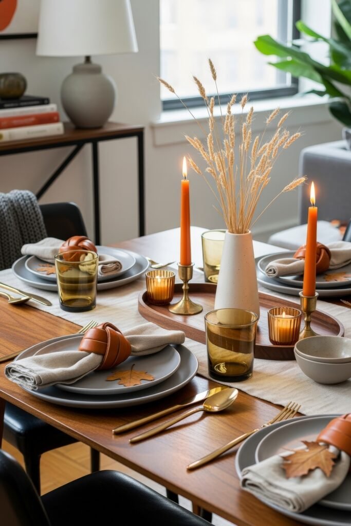 Modern, Cozy Ideas for Fall Thanksgiving Décor 14 A modern dining table with orange candles, wheat stems in a vase, amber glassware, and pumpkin-shaped napkin rings for seasonal fall Thanksgiving décor.