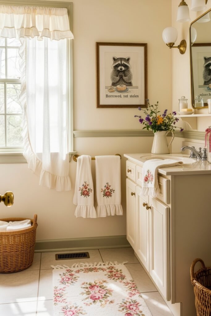 Small Changes, Big Smiles with funny bathroom decor 16 Vintage-inspired bathroom decor with embroidered towels, floral rug, and a framed raccoon print for a whimsical, funny bathroom decor accent.