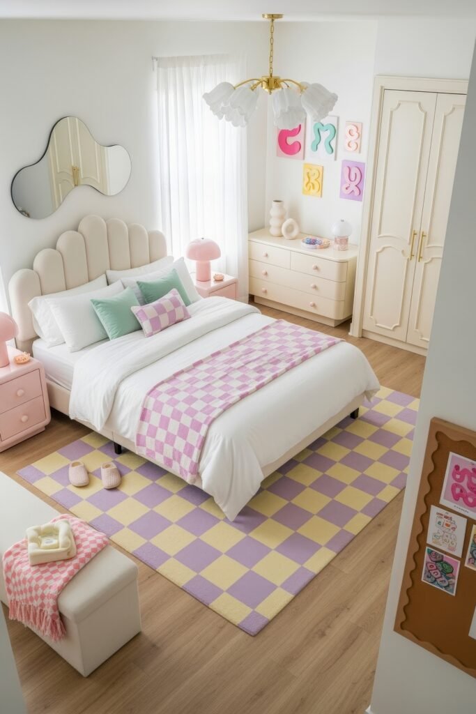 Fresh girls bedroom ideas for a stylish, cozy escape 14 Bright pastel bedroom with a scalloped cream headboard, pink nightstands, and a lilac and yellow checkerboard rug.