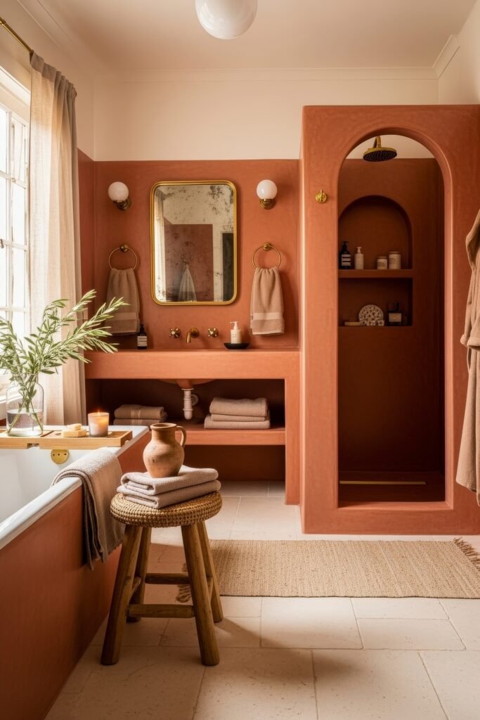Bathroom Decor Inspo: Fresh Ideas for gold bathroom decor 13 Warm terracotta bathroom with built-in vanity and shelves, gold fixtures, arched shower nook, and rustic woven details for cozy bathroom decor.