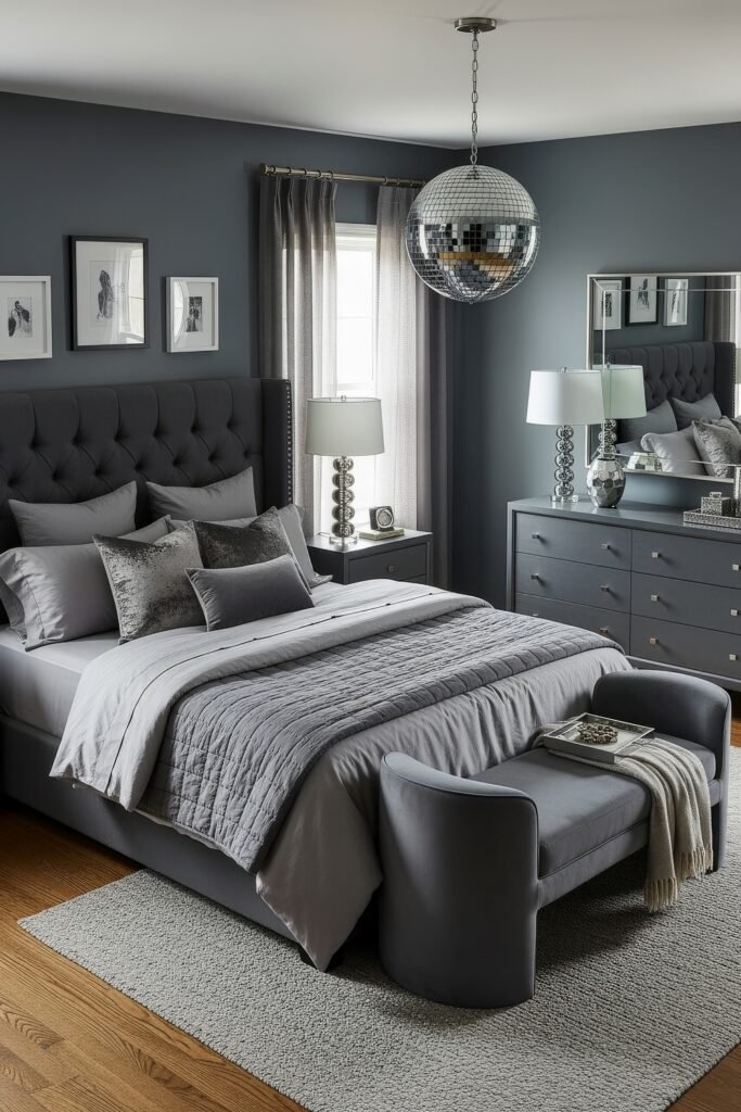 Grey bedroom ideas for a calm, stylish retreat 13 Stylish grey bedroom ideas with a tufted headboard, layered grey bedding, silver accents, and a disco ball light fixture.