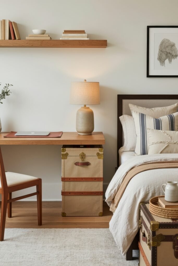 Clever Ways to Style a Home Office Guest Room Combo 13 Warm and rustic combo space with a bed beside a wooden desk resting on a vintage-style trunk, paired with striped bedding and earthy accents.