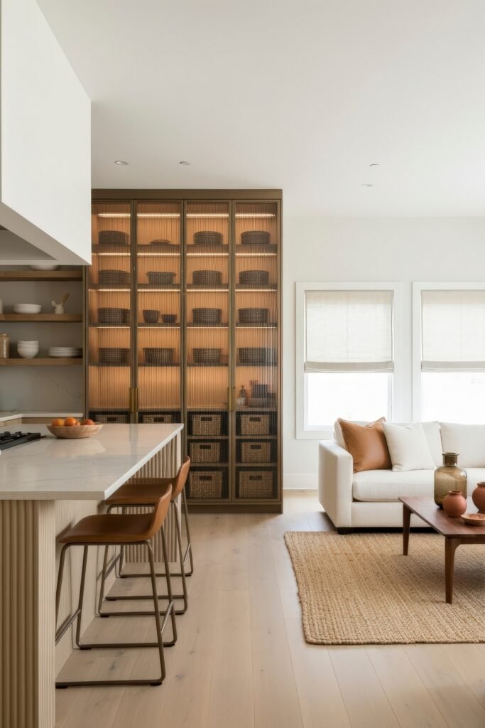 Smart Ways to Style a Kitchen and Living Room Combo 13 Stylish kitchen and living room combo featuring a tall glass-front cabinet filled with woven baskets, a fluted island, warm wood tones, and a soft seating area with earth-toned accents.