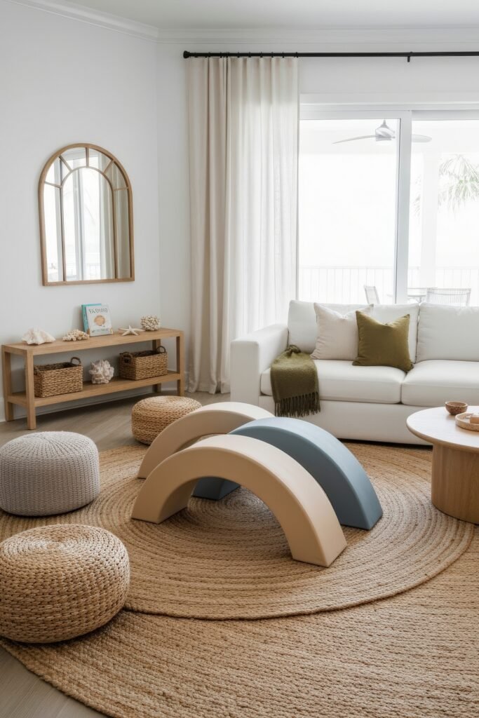 A Living Room Playroom Combo That Works 13 Bright family space with a white sofa, woven poufs, and curved climbing arches on a round jute rug, blending play and relaxation.