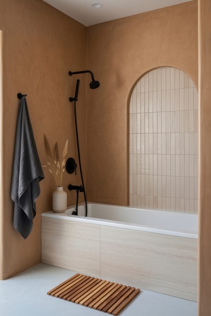 Fresh, Stylish Ways To Elevate Your Tub Shower Combo 14 Warm bathroom with a beige stone tub shower combo, matte black fixtures, arched tiled niche, and decorative vase with dried grasses.