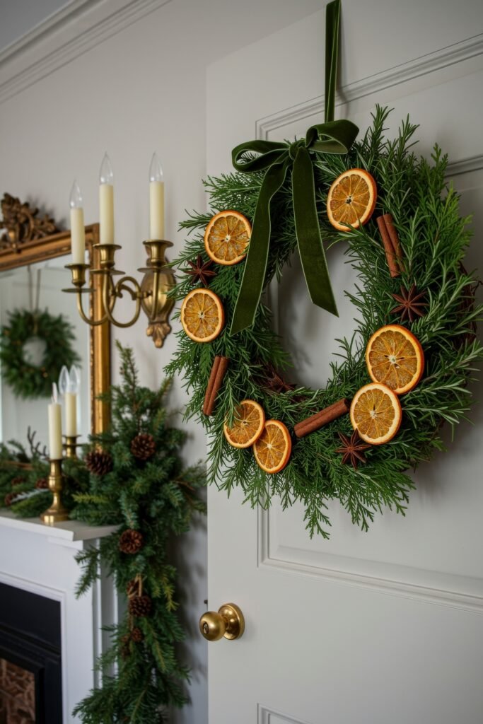 Cozy, Collected Magic With Vintage Christmas Decor Ideas 12 Green wreath decorated with dried orange slices, cinnamon sticks, and star anise, tied with a velvet bow on a white door for natural vintage Christmas décor ideas.
