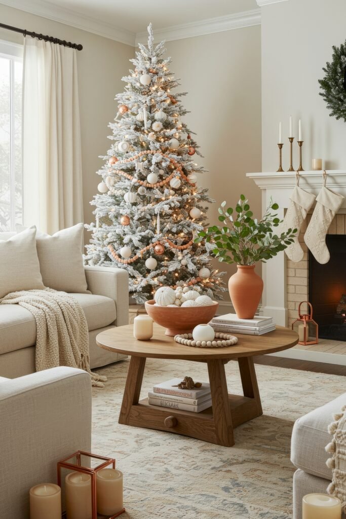 Cozy neutral living room featuring a frosted tree with peach and white ornaments, a round wooden coffee table with terracotta accents, and a fireplace with knit stockings.
