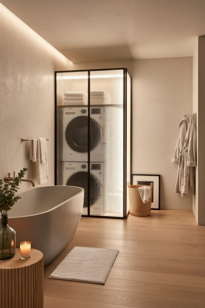 Stylish Small Spaces: Bathroom Laundry Combo 13 Modern spa-like bathroom with a freestanding tub, wood floors, and stacked washer and dryer behind illuminated frosted glass doors.