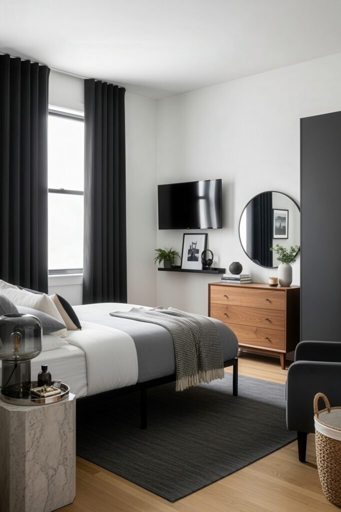 Effortlessly Stylish bedroom ideas for men That Feel Personal 14 Stylish bedroom design with a gray and white bed, wood dresser with round mirror, black curtains, and modern accents for a refined masculine feel.
