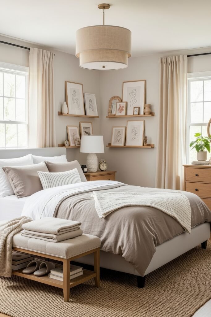 Cozy bedroom with layered neutral bedding, floating shelves with framed art, and a cushioned bench at the foot of the bed.