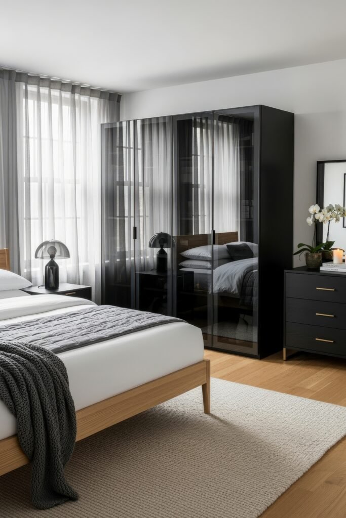 Sleek bedroom showcasing a wood bed with layered gray bedding, black glass wardrobes, and a mix of black and natural accents.