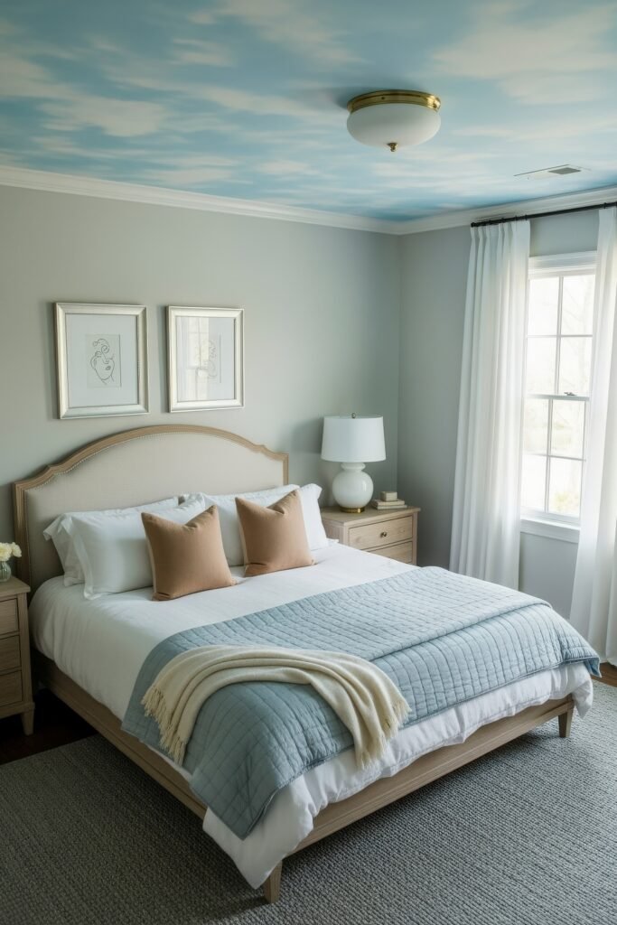 Fresh blue bedroom ideas for a calm, chic retreat 15 Minimalist bedroom with sky-painted ceiling, neutral bedding, soft blue quilt, and beige accent pillows.