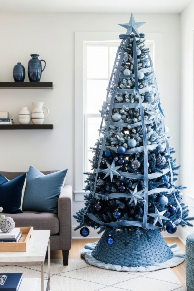 Cozy Holiday Magic With Blue Christmas Décor 14 Living room with a frosted blue Christmas tree adorned with silver stars, navy ornaments, and layered blue ribbons, creating a striking holiday focal point.