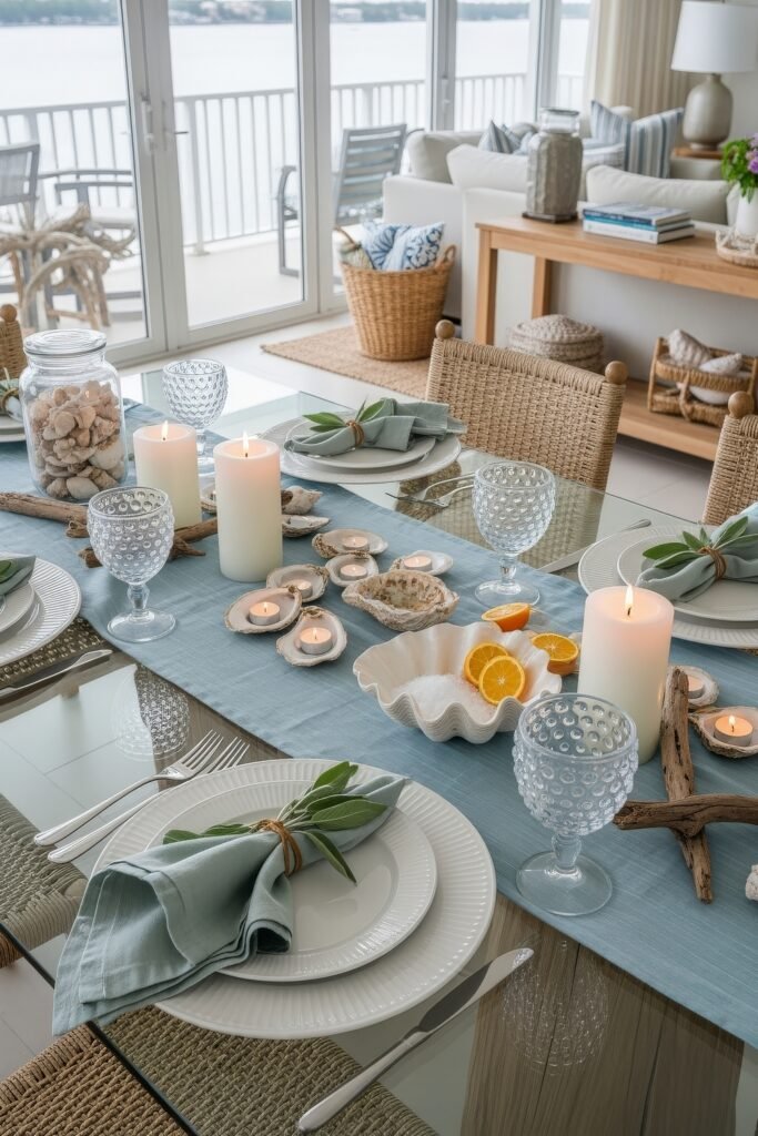 Fresh Ways to Style Blue Thanksgiving Table Décor 12 Seaside table setting with candles, shells, driftwood, citrus slices, and sage napkins on a soft blue runner.