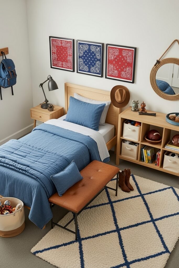 Breezy, Stylish Boys Bedroom Ideas for Modern Families 14 Cozy boys bedroom with light wood furniture, blue bedding, a brown leather bench, cowboy boots, and red-and-blue bandana wall art, styled with accessible storage and soft textiles.