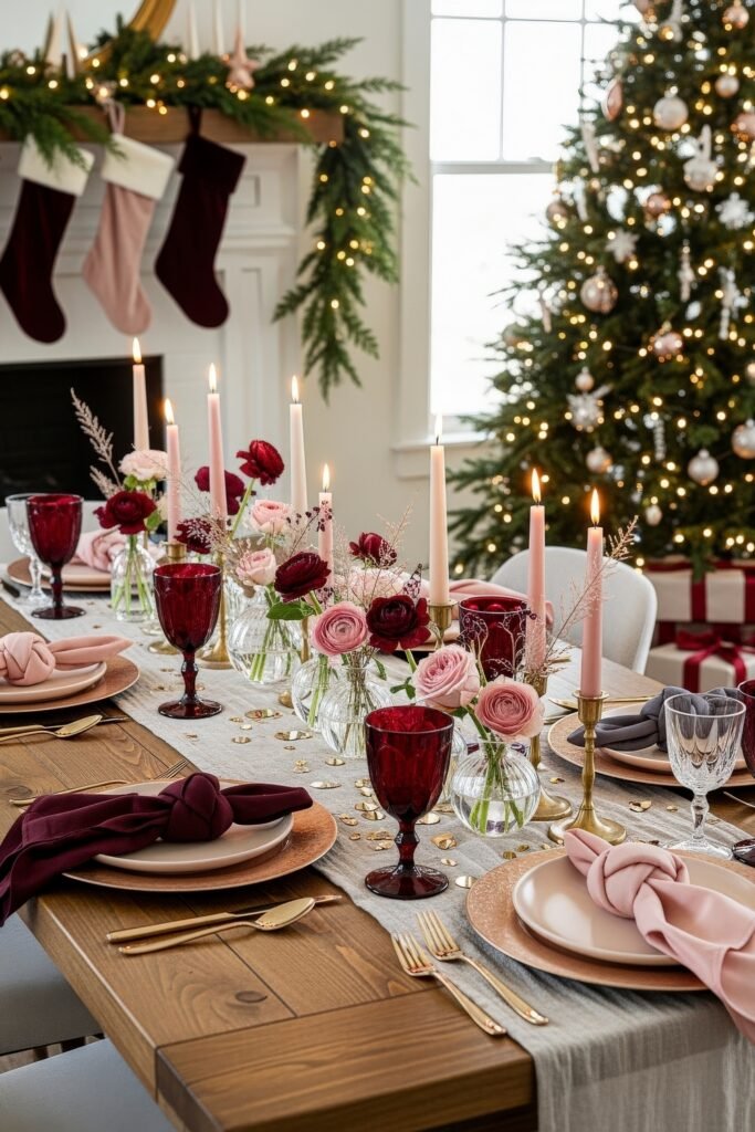 Cozy-Luxe Ideas for Burgundy Christmas Decor 13 Elegant holiday tablescape with red and blush florals, burgundy glassware, and tall candles beside a decorated Christmas tree.