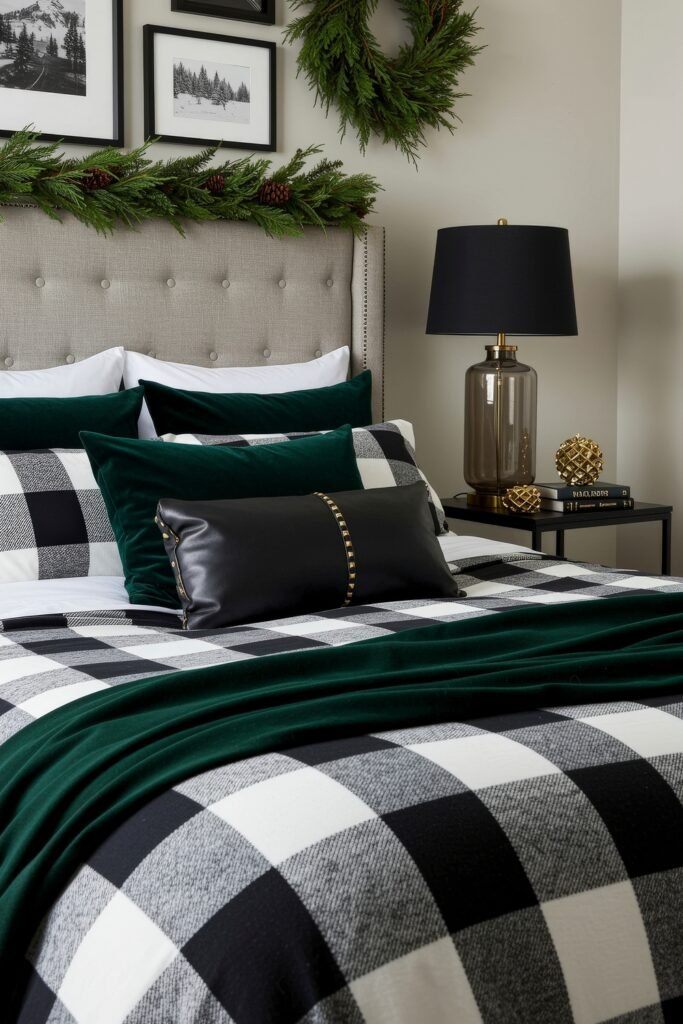 Elevate Your Bedroom with Cozy Christmas Bedding 14 Gray upholstered headboard with black and white buffalo check bedding, deep green velvet pillows, and garland with a wreath for festive cozy Christmas décor.