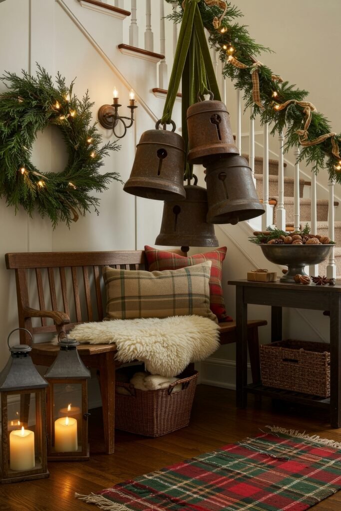 Cozy Christmas Décor for a christmas entryway 14 A charming entryway with a bench and plaid pillows, rustic bells hanging by the staircase, glowing lanterns, and a console decorated with pinecones and wrapped gifts.