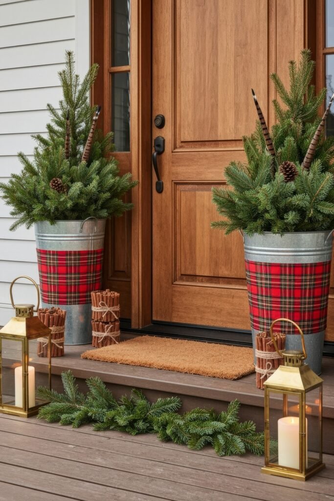 Cozy Entry Magic for christmas porch décor 13 Rustic wooden door flanked by galvanized planters wrapped in red plaid, holding evergreens with pheasant feathers and pinecones, alongside gold lanterns and stacked cinnamon sticks.