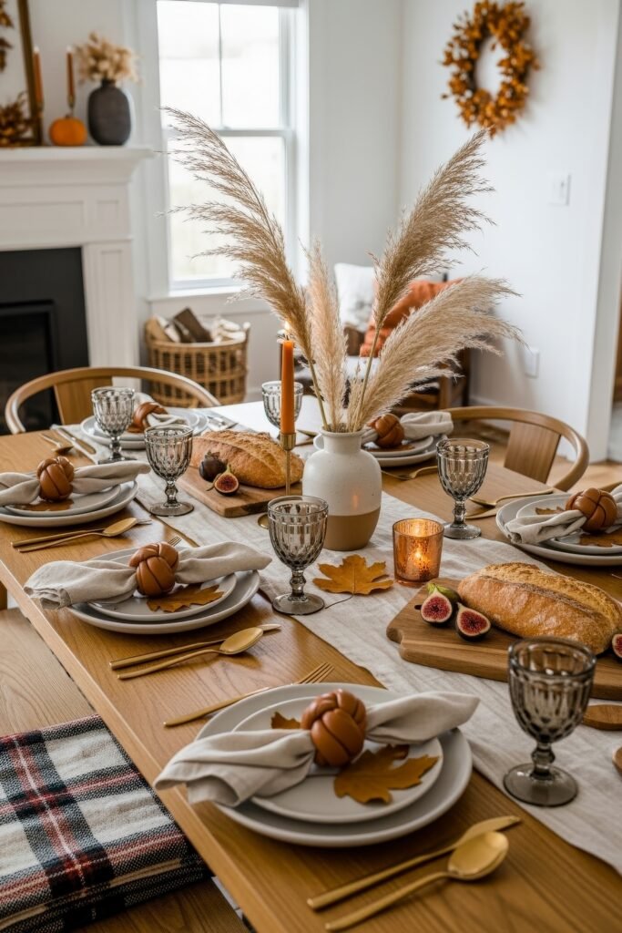 Modern, Cozy Ideas for Fall Thanksgiving Décor 15 A dining table styled with pampas grass in a vase, rustic bread loaves, figs, candles, and pumpkin napkin rings, giving a farmhouse Thanksgiving décor feel.