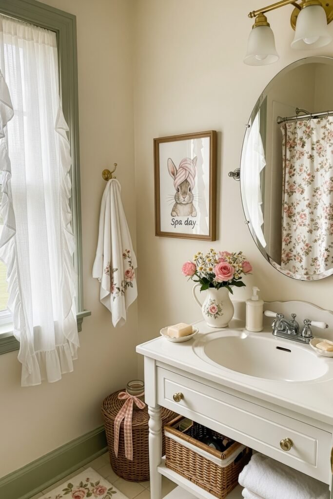 Small Changes, Big Smiles with funny bathroom decor 17 Cottage-style bathroom decor with floral details, wicker accents, and a framed bunny print labeled “spa day” for a sweet and funny bathroom decor element.