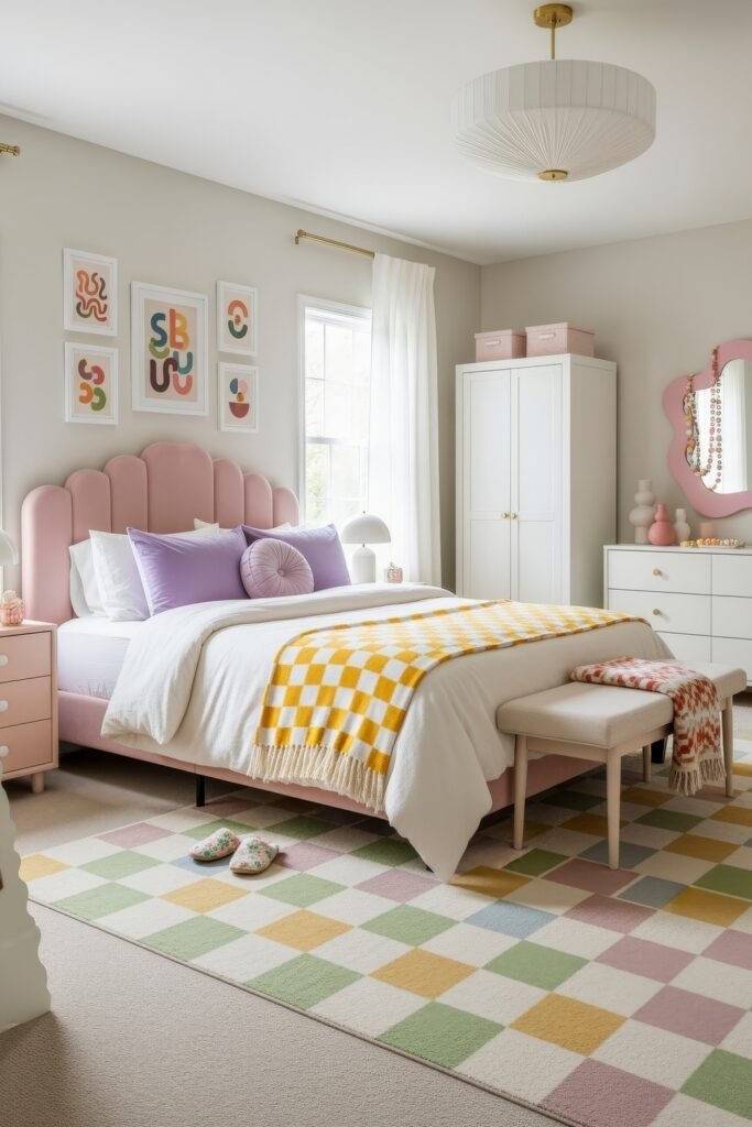 Fresh girls bedroom ideas for a stylish, cozy escape 15 Fun modern bedroom with a pink scalloped bed, lilac pillows, and a colorful checkerboard rug in pastel shades.