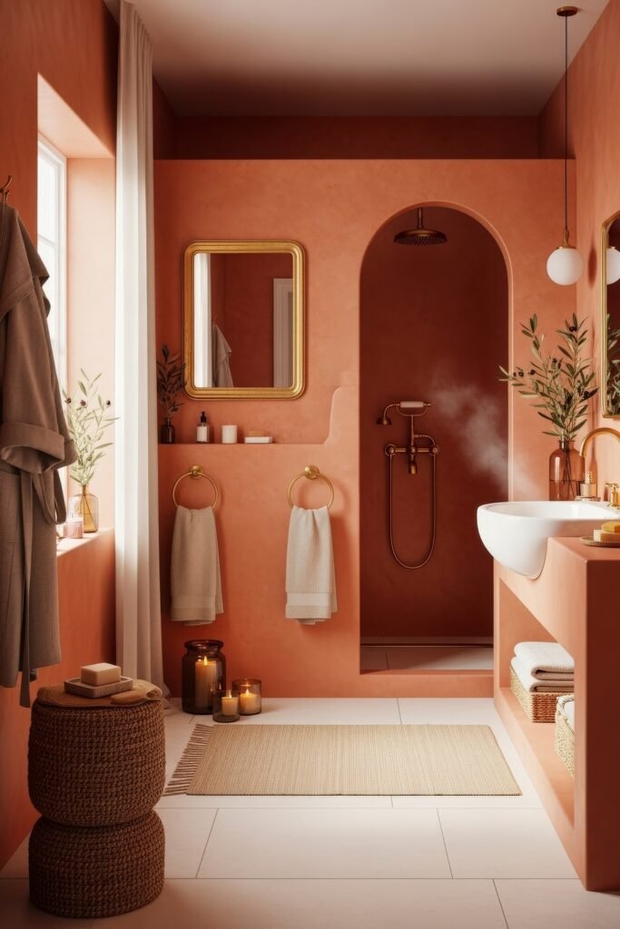Bathroom Decor Inspo: Fresh Ideas for gold bathroom decor 14 Terracotta-toned bathroom with arched shower entry, gold bathroom decor, round mirror, candles, and greenery adding natural warmth.