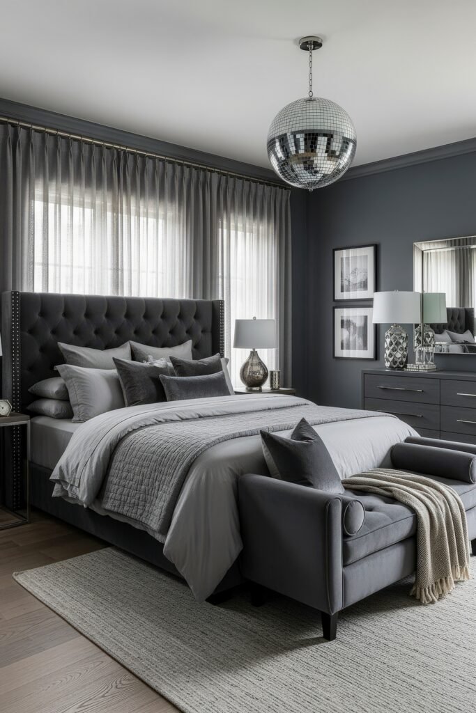 Grey bedroom ideas for a calm, stylish retreat 14 Modern grey bedroom with a tufted headboard, velvet pillows, mirrored accents, and a large disco ball chandelier.