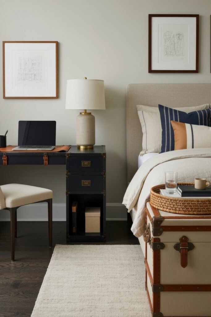 Clever Ways to Style a Home Office Guest Room Combo 14 Compact and stylish home office guest room combo with a bed, navy trunk-style desk, and neutral palette accented by framed sketches.