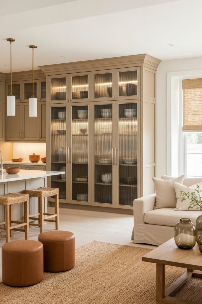 Smart Ways to Style a Kitchen and Living Room Combo 14 Neutral-toned combo space with textured glass cabinetry, woven bar stools, and a cozy seating area, creating an elegant yet casual atmosphere in this kitchen and living room combo.