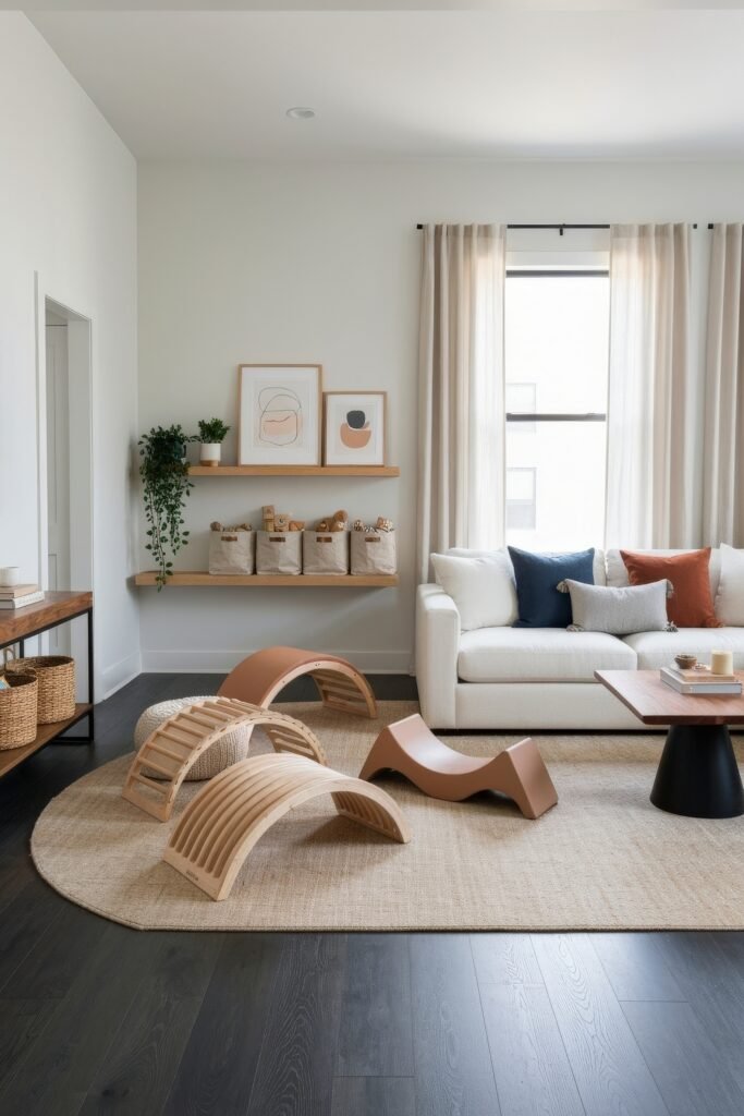 A Living Room Playroom Combo That Works 14 Minimalist living room playroom combo featuring a neutral sofa, colorful pillows, wooden climbing arches, and shelves with toy storage.