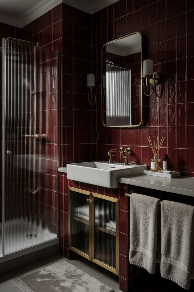 13 Bold Ideas for Red Bathroom Decor That Wow 14 Sophisticated bathroom with deep red tiled walls, ribbed glass shower, and brass accents paired with a square white sink and marble counter.