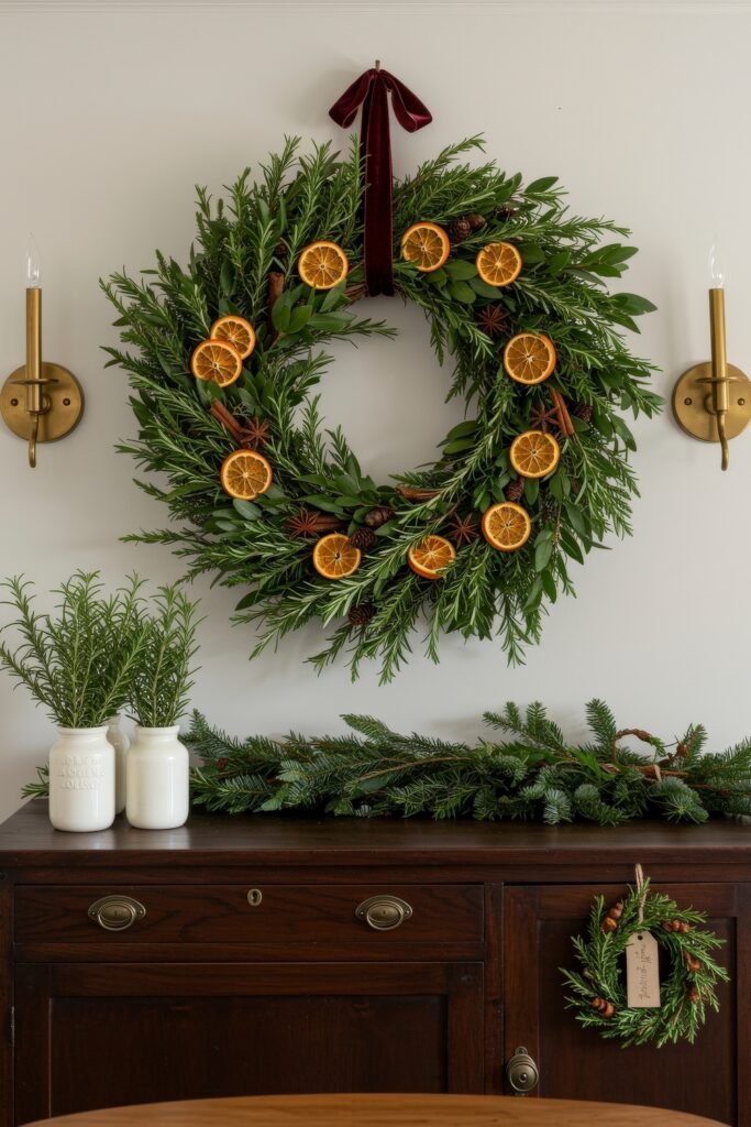 Cozy, Collected Magic With Vintage Christmas Decor Ideas 13 Large greenery wreath with dried oranges, pinecones, and cinnamon sticks hung with a burgundy ribbon above a wooden sideboard, styled in vintage Christmas décor ideas.