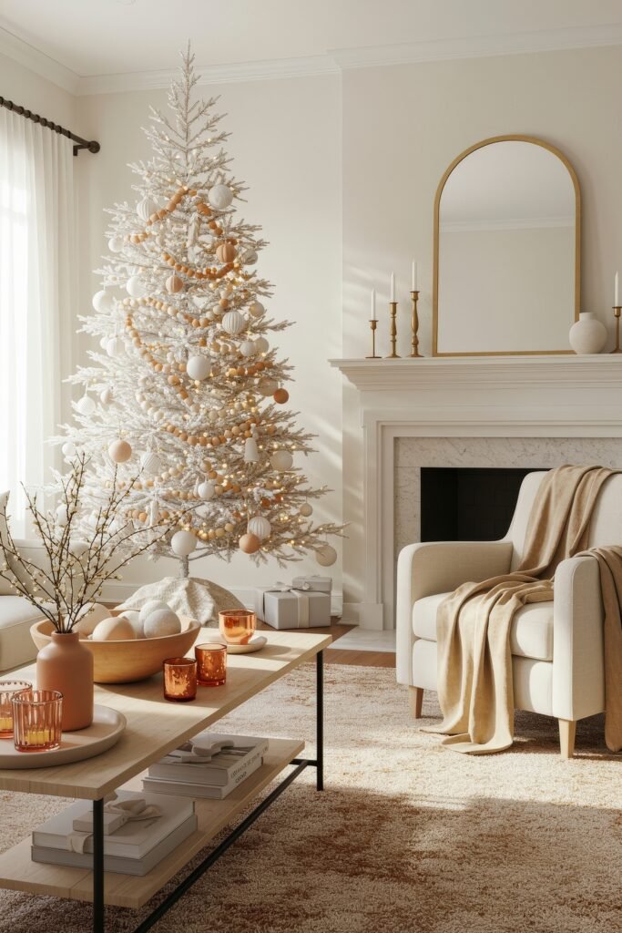 Minimalist holiday room with a slim white tree decorated in neutral ornaments, warm terracotta accents on the coffee table, and soft sunlight filling the space.