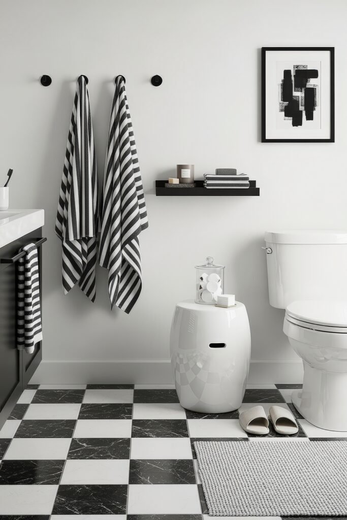 Fresh Ideas for Black and White Bathroom Decor 14 Graphic black and white bathroom decor with striped towels, checkerboard tile floor, and minimal accessories, including modern wall art and a sleek black vanity.