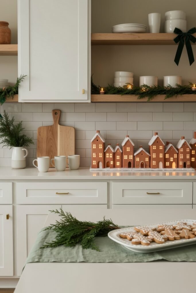 Cozy Ways to Style a Christmas Kitchen That Feels Magical 11 Neutral-toned kitchen with a row of illuminated gingerbread-style ceramic houses, simple greenery, white mugs, and a plate of iced cookies for a warm Cozy Christmas Décor look.