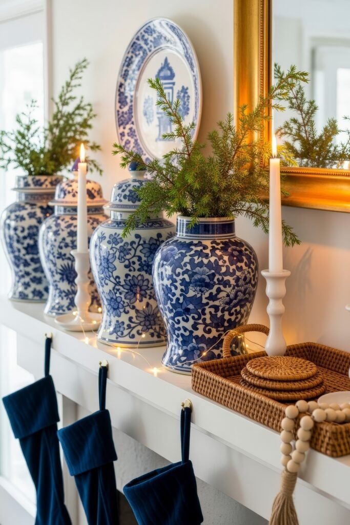 Elegant mantle display with blue and white porcelain vases, greenery sprigs, glowing candles, and navy velvet stockings hanging neatly.