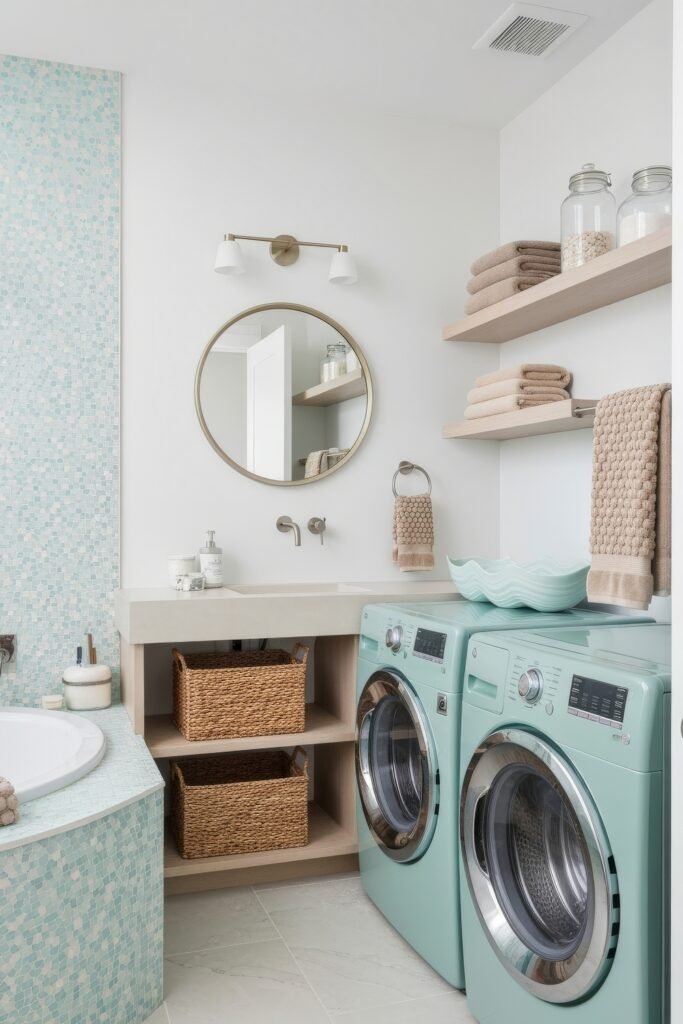 Stylish Small Spaces: Bathroom Laundry Combo 14 Coastal-inspired bathroom with turquoise washer and dryer, mosaic tile accents, open shelving with towels, and a round mirror above the vanity.