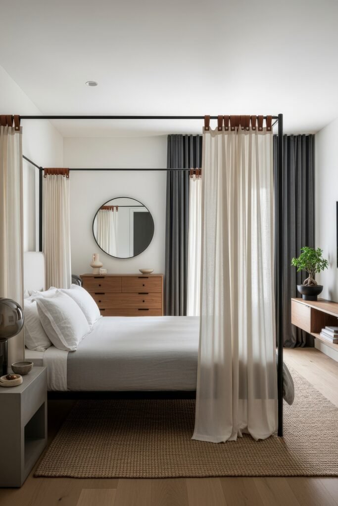 Effortlessly Stylish bedroom ideas for men That Feel Personal 15 Minimalist bedroom with a canopy bed draped in light curtains, wood dresser, round mirror, and layered textiles for a calm, modern look.