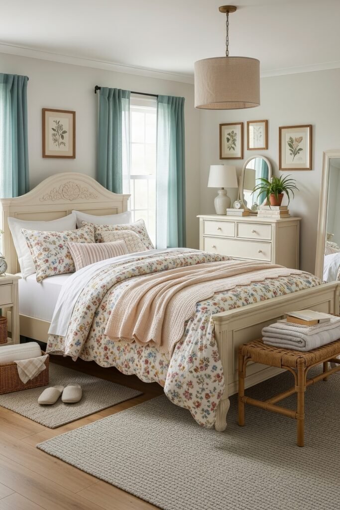 Cottage-style bedroom with floral bedding, light blue curtains, and cream furniture for a soft, welcoming look.