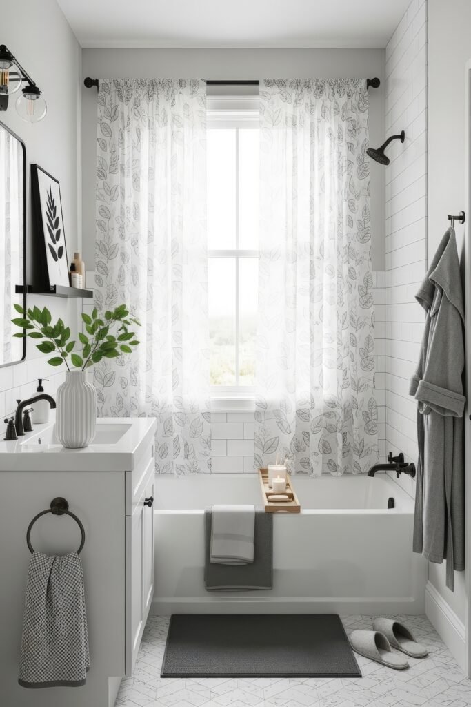 Fresh Ideas for Black and White Bathroom Decor 15 Light-filled bathroom with botanical shower curtains, subway tile, and white vanity, styled with soft gray accents and a wooden bath tray for a fresh, calming feel.