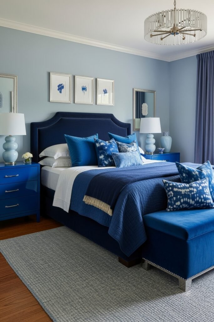 Fresh blue bedroom ideas for a calm, chic retreat 16 Luxurious bedroom with deep blue upholstered headboard, layered blue bedding, matching ottoman, and elegant silver accents.