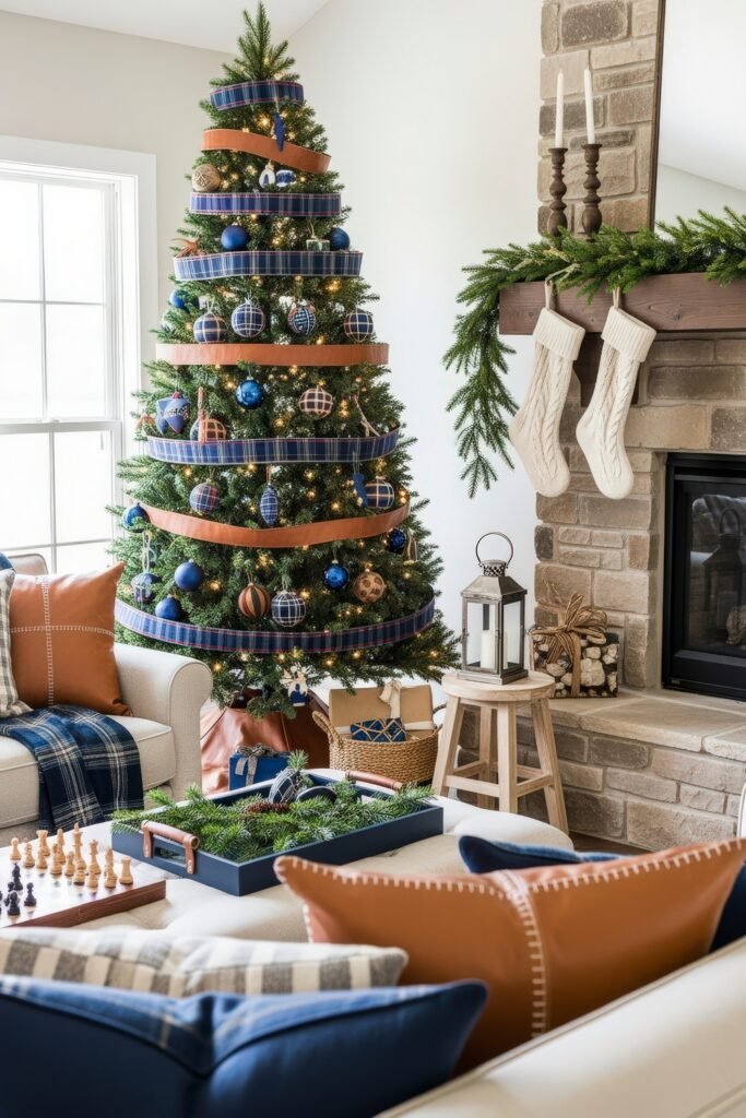 Cozy Holiday Magic With Blue Christmas Décor 15 Festive family room featuring a Christmas tree decorated with plaid ribbon, navy and brown ornaments, and rustic accents, paired with a stone fireplace and cozy textiles.