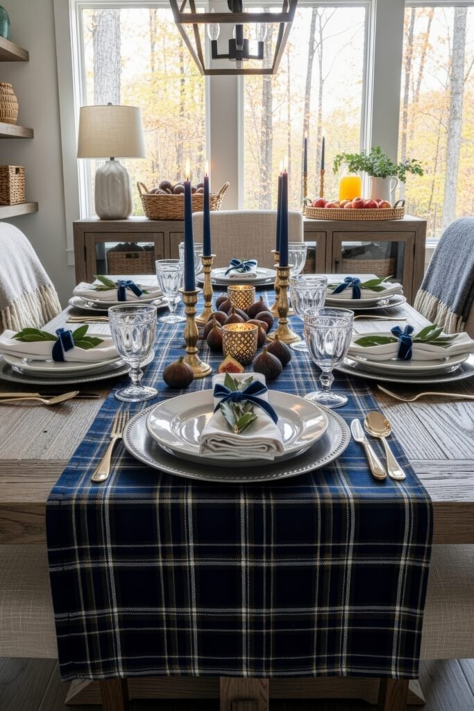 Fresh Ways to Style Blue Thanksgiving Table Décor 13 Cozy fall table with a navy plaid runner, figs, brass candlesticks with blue candles, and crystal glassware.