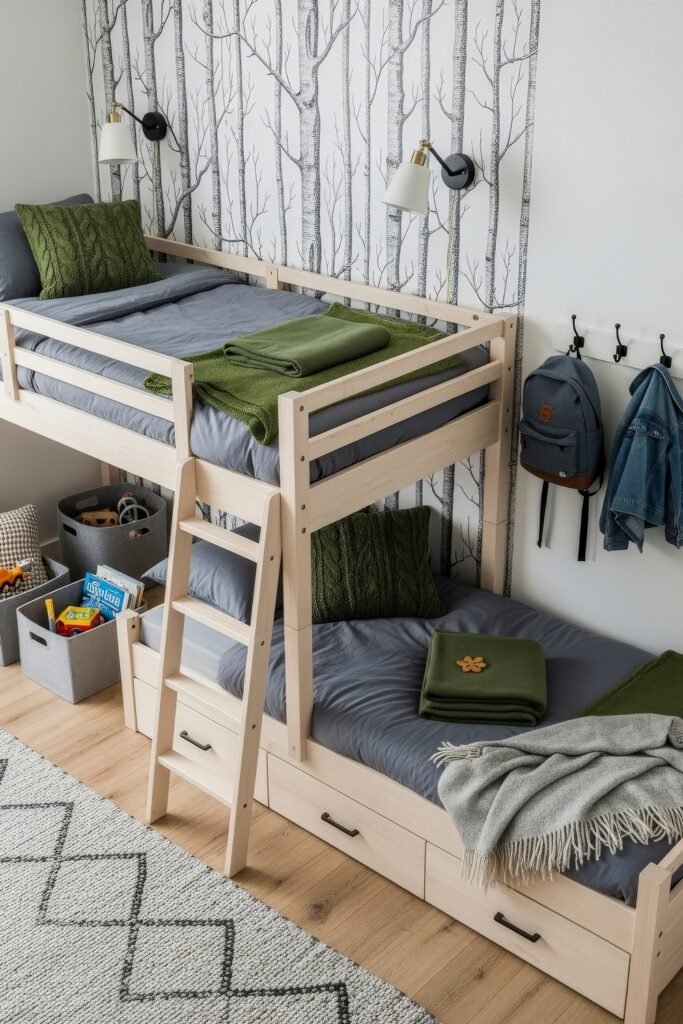 Breezy, Stylish Boys Bedroom Ideas for Modern Families 15 Nature-inspired shared bedroom with a pale wood bunk bed, gray and green bedding, birch tree wallpaper, and bins of toys and books, combining boys bedroom ideas with practical storage.
