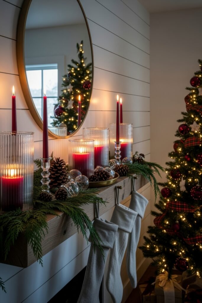 Cozy-Luxe Ideas for Burgundy Christmas Decor 14 Mantel styled with burgundy candles, pinecones, and greenery beneath a round mirror, with a Christmas tree glowing nearby.