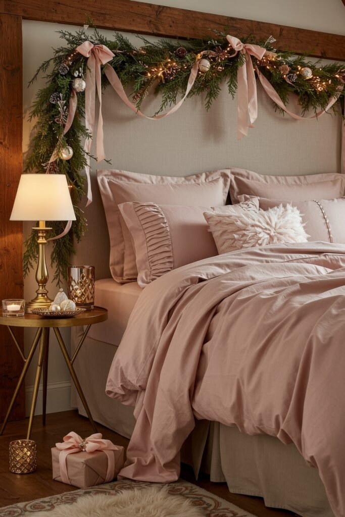 Elevate Your Bedroom with Cozy Christmas Bedding 15 Soft pink bedding with ruffled and textured pillows, accented by glowing garland with ribbons and ornaments, styled for a romantic Christmas look.